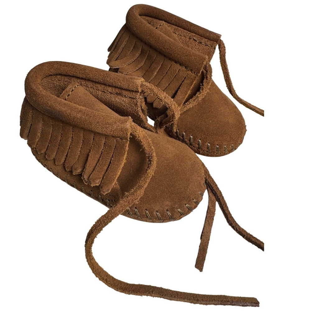 Minnetonka Infant Fringe Bootie Moccasin Brown Suede Leather New Sz 1 Baby Shoes